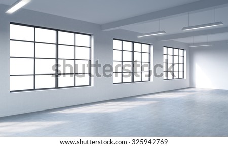 Modern bright clean interior of a loft style open space. Huge windows and white walls. Copy space the panoramic windows. 3D rendering.