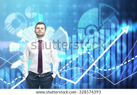 Confident handsome businessman is going to tackle with problems. Financial charts on the background. A concept of financial consultancy.