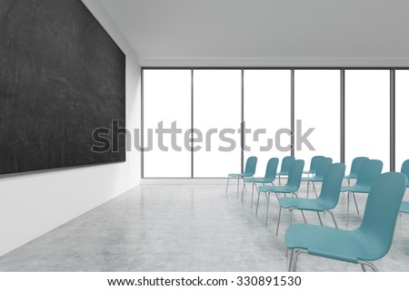 A classroom or presentation room in a modern university or fancy office. Blue chairs, panoramic windows with white copy space and a black chalkboard on the wall. 3D rendering.
