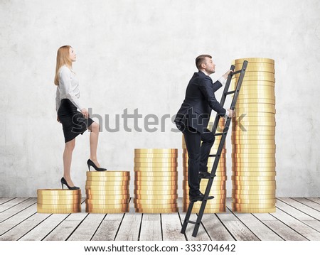 A woman in formal clothes is going up using a stairs which are made of golden coins, while a man has found a shortcut how to reach the final point. A concept of success. Concrete background.