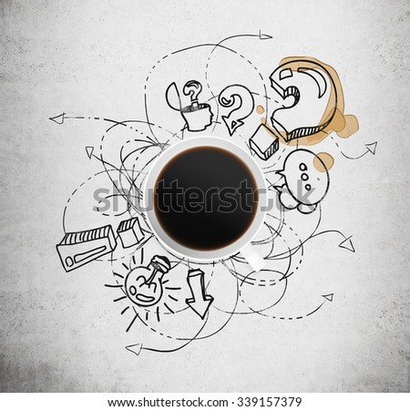 Top view of a cup of coffee and black business icons with question mark on the concrete background. The concept of brainstorm process.