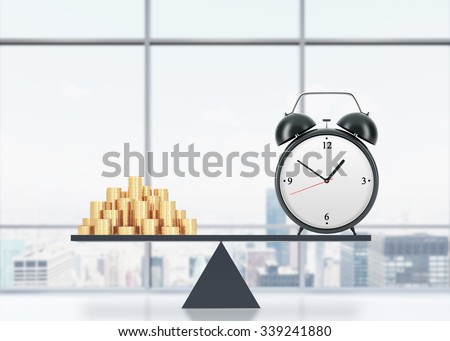 A balance between time and money. On the one side is money, on the other one is an alarm clock. The concept of time is money. An office with New York panoramic view. 3D rendering.