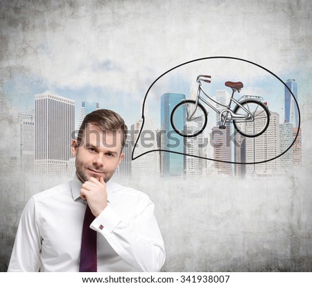 A man in formal shirt is dreaming about buying of a new car. New York sketch is drawn on the concrete background.