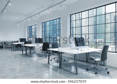 Workplaces in a bright modern loft open space office. Tables are equipped with modern computers; book shelves. Singapore panoramic view. A concept of a high quality consulting services. 3D rendering.