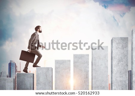 Side view of a man climbing the concrete stairs made in the shape of a graph. Cloudy sky and city are in the background. Concept of success and achieving your goal. Mock up. Toned image