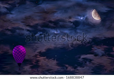 fantasy depiction of a half moon and old-fashioned hot air balloon at night