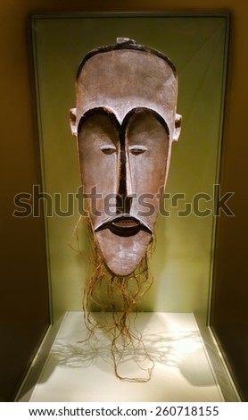 Washington, DC, USA. March 10,2014. Smithsonian African Art Museum. Face mask of the ngil society, Gabon Africa, circa late nineteenth century