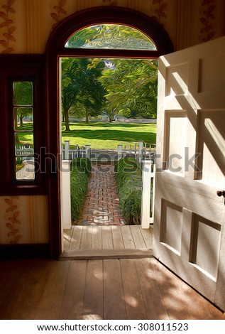 open door leading to an artificial world depiction