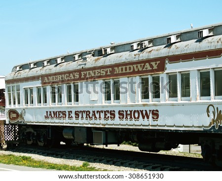 Syracuse, New York, USA. May 10,2015. Old James E. Strates Shows train car parked near New York Fairgrounds