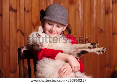 Young girl sitting on a chair, holding his little lamb and looks at him Farm.