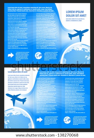 brochure airplane flight tickets air fly cloud sky blue white color travel transportation globe background