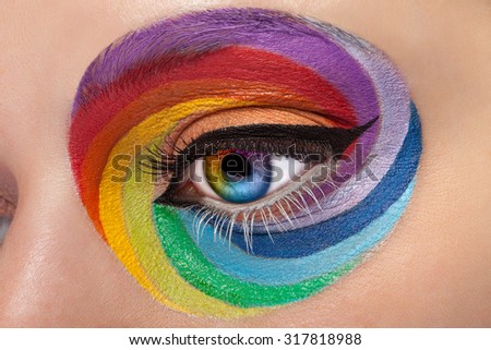 Close up eye with artistic rainbow make up. Colors and colorful. Joy. Artistic and fashion make up. Make up addiction. Cosmetics. On stage make up