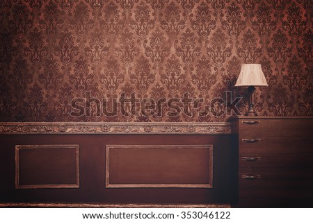 Retro room with pattern in rococo style. Rich interior. Old home. Style and elegance