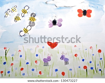 Child\'s Watercolor Drawing. Flowers and Bees