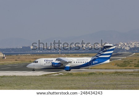THESSALONIKI, GREECE - August 17, 2014: Ellinair Greek British Aerospace Ellin Air SX-EMS aircraft preparing for take off at International Airport \'Makedonia\', Greece.