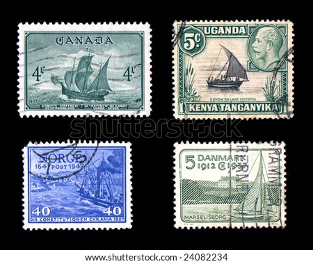 Sailing ships on vintage postage stamps canceled