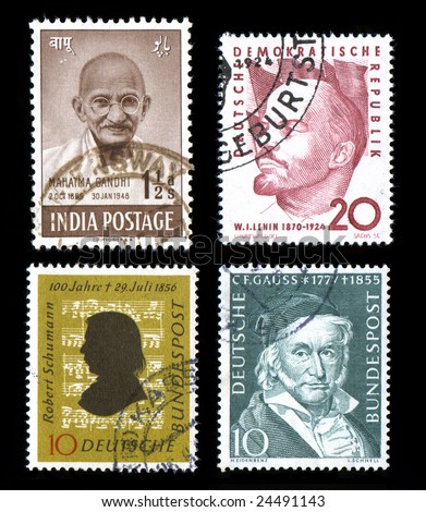 Commemorative postage stamps famous people theme old isolated on black