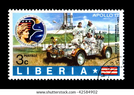 LIBERIA - CIRCA 1973: Liberian 3 cent stamp commemorates the Apollo 17 Moon mission, 1973.