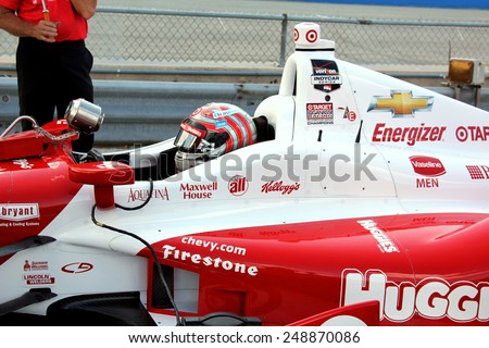 Milwaukee Wisconsin, USA - August 16, 2014: Verizon Indycar Series Indyfest ABC 250 Practice and Qualifying sessions on track action. Tony Kanaan Salvador, Brazil Huggies Chevrolet Target Ganassi