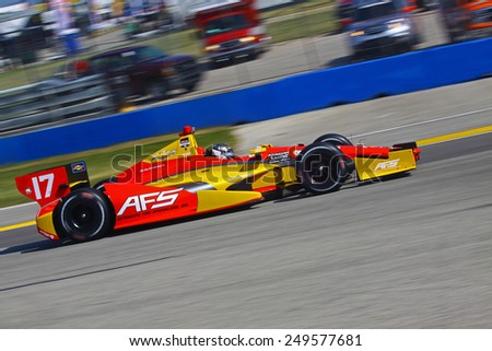 Milwaukee Wisconsin, USA - August 16, 2014: Verizon Indycar Series Indyfest ABC 250 Qualifying session on track action. Sebastian Saavedra Bogota, Colombia Automatic Fire Sprinklers KV AFS