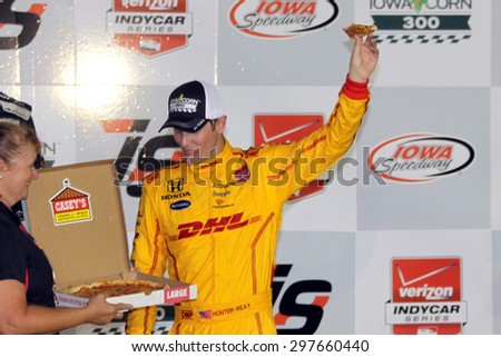 Newton, Iowa USA - July 18, 2015: Verizon IndyCar Series Iowa Corn Indy 300. Ryan Hunter-Reay wins at Iowa for the third time. Victory lane pizza.