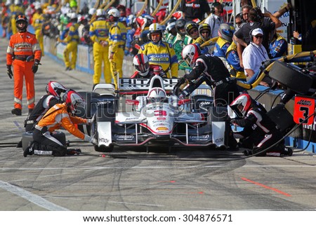 Milwaukee Wisconsin, USA - July 12, 2015: Verizon Indycar Series Indyfest ABC 250 at the Milwaukee Mile. Pit stop for Helio Castroneves Sao Paulo, Brazil Hitachi Team Penske Chevrolet