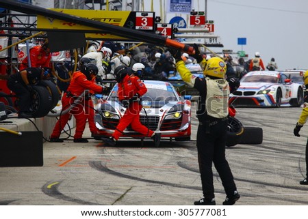 Elkhart Lake, Wisconsin USA - August 9, 2015: Road America road course, IMSA Pit STop for the Paul Miller Racing Audi R8 LMS