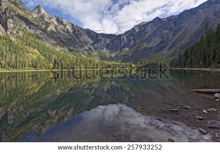 Panoramic View of Avalanche Lake and Surrounding Mountains Reflecting off Lake Surface, Glacier National Park, Montana.