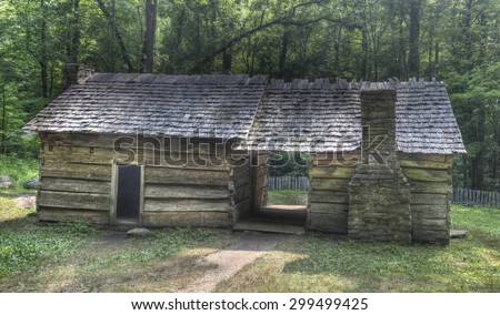 Ephraim Bales Log Cabin located on the Roaring Fork Motor Nature Trail in the Great Smoky Mountains National Park, Tennessee.  Public Property no Property Release required.