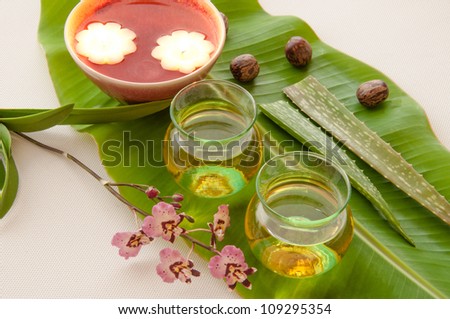 Health spa, two bottles of essential oil with of fresh aloe vera, candle, one with orchid flowers.