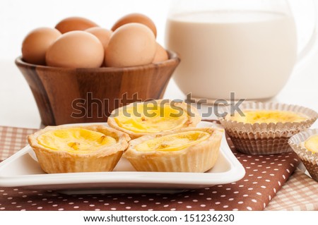 Egg tarts sweet custard pie desserts with eggs and milk in background.