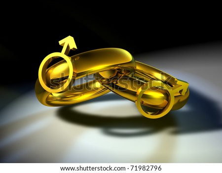 3D illustration depicting two gold wedding bands with male symbols