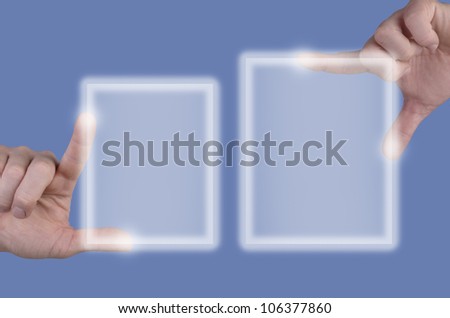 Two hand / fingers touch screen before light blue background