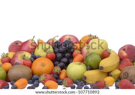 Different kinds of fruits , white background, perspective