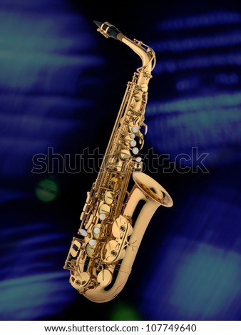 studio-shot of a new saxophone, isolated and blue, blue atmospheric background