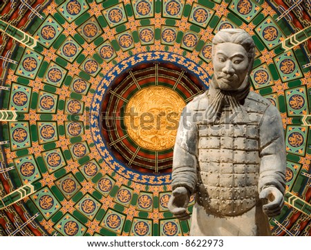 Qin Warrior composed over Chinese Temple ceiling.