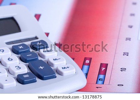 A Calculator and financial figures with bar chart.