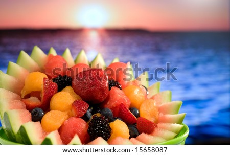 A tropical fruit salad at ocean beach.