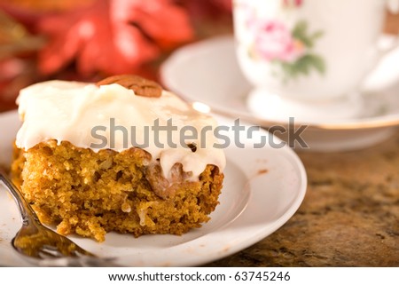 Delicious pumpkin cake with frosting.  Just in time for Autumn and Halloween.