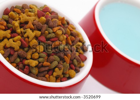 Closeup on a red bowl of dog kibble, with water dish beside. Shallow focus on food in foreground.