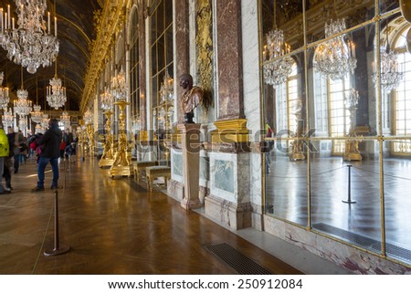 PARIS, FRANCE JANUARY 15, 2015:  Hall of Mirrors, interior of Versailles palace, France.