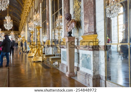 PARIS, FRANCE - JANUARY 15, 2015:  Hall of Mirrors, interior of Versailles palace, France.
