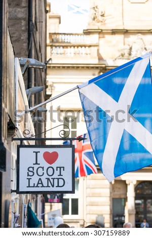 EDINBURGH, SCOTLAND, UK - 15 JULY 2015: I love Scotland souvenir shop, the famous & landmark sign in Edinburgh, Scotland, UK