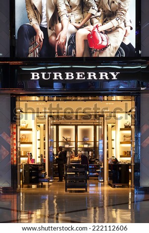 KAOHSIUNG, TAIWAN - JULY 12: Burberry shop in Kaohsiung International, Taiwan. July 12, 2014. Burberry is a British luxury fashion house distributing clothing, accessories and cosmetics founded in 185