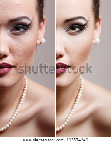 Retouch - face of beautiful young woman before and after retouch
