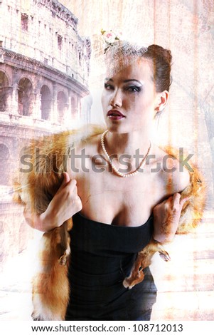 mysterious portrait of young beauty in eternal Rome, grunge vintage postcard original artwork photo compilation