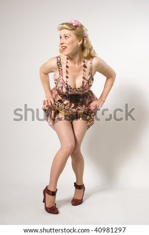 stylization of happy pin-up girl with dress up on white background