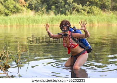 funny scuba diver young woman summer river