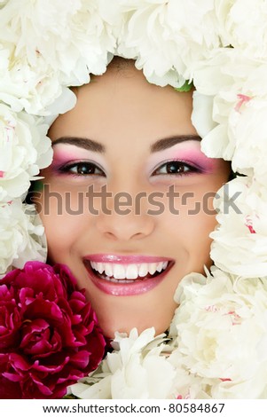 woman beauty face with flower peony frame isolated on white background