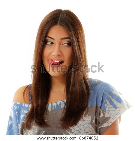 stock photo portrait of teen girl make crazy funny faces lick with tongue 